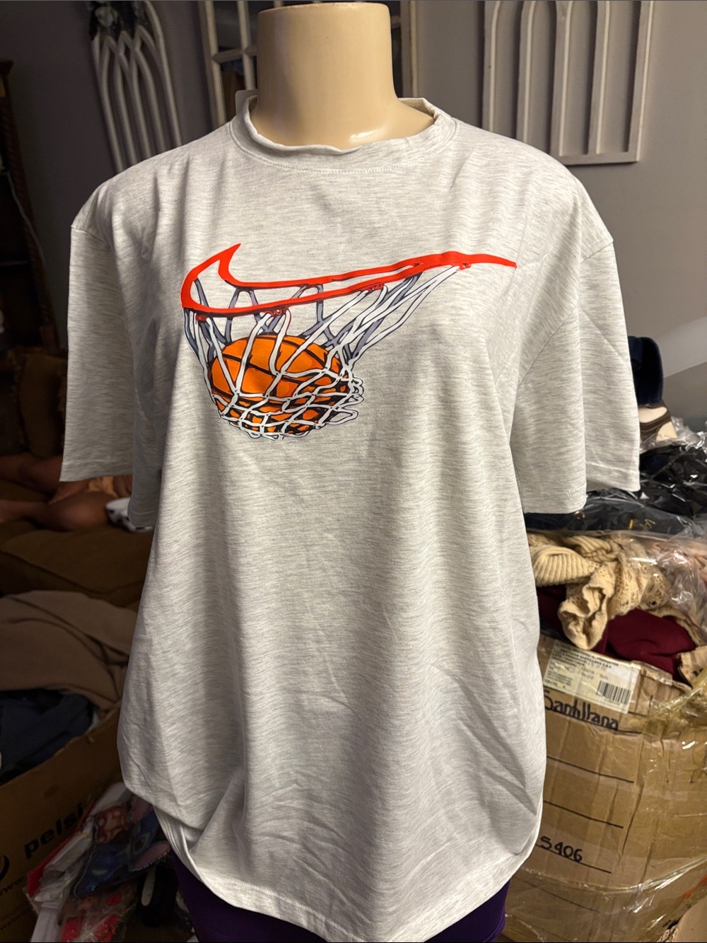 Gray Basketball Graphic Tee with Orange Hoop Design